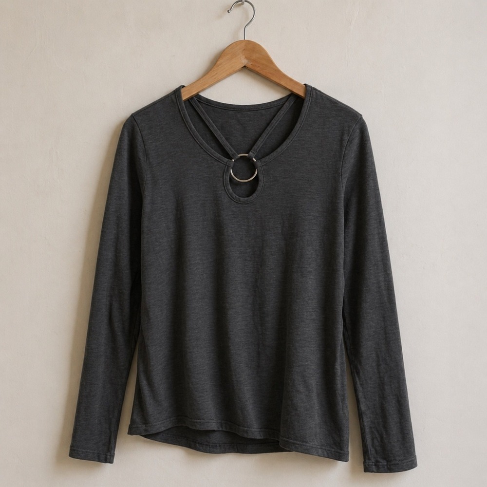 Women Dark Gray Long Sleeve Keyhole Ring‎ Neckline Top Size Small